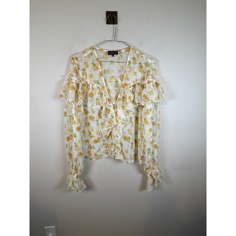 Majorelle Womens Blouse Sheer Clip Dot Floral Ruffle White Yellow Size L